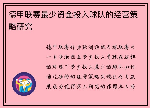德甲联赛最少资金投入球队的经营策略研究
