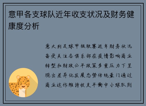 意甲各支球队近年收支状况及财务健康度分析